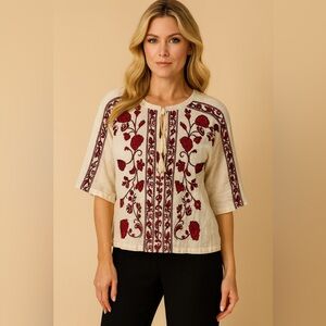 Zara Red and Cream Embroidered Blouse